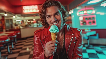 A man in a red jacket is holding a green ice cream cone