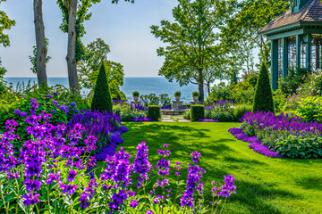 Mediterranean classical garden with purple delphinium flowers and cypress trees, ocean seaside, landscaping design