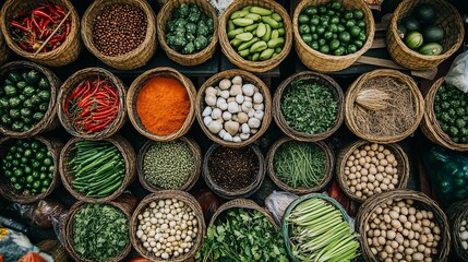 A basket of vegetables and spices are displayed in a market