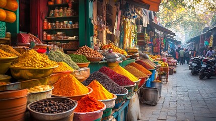 Fototapeta premium A busy market with many spices and people walking around
