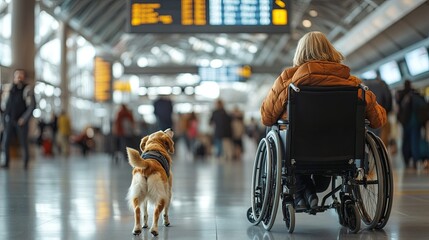 A woman in a wheelchair is sitting in a terminal with a dog