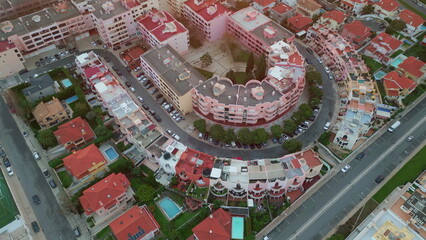 Drone view residential complex with circular layout. Urban neighborhood design