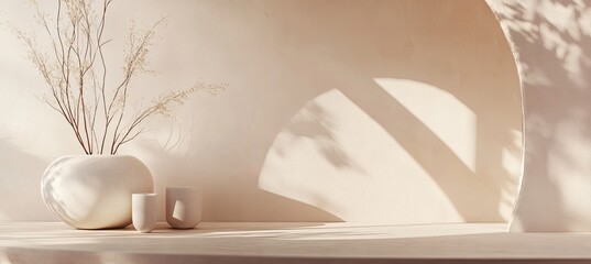A white wall with a vase and two cups on a table