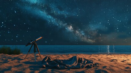 A telescope is on the beach at night, looking up at the stars