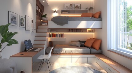 A bedroom with a bunk bed and a desk