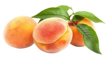 peaches with leaves isolated on white and transparent background