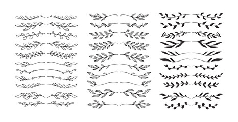 Set hand drawn floral elements isolated doodle line style. Outline silhouette branches. © Yanka