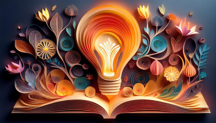Creativity and innovation concept. 3d cartoon lamp and creative objects