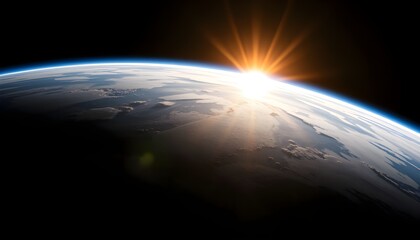 Realistic Image of Earth from Space with Sun Rising and Lens Flare