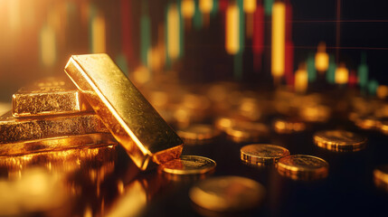 Gold bullion and coins shine with a golden glow, set against a blurred candlestick chart. Reflective gold bars and coins, with a blurred candlestick chart, create a rich and luxurious ambiance.