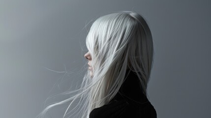 Fototapeta premium Side profile of a woman with long, flowing white hair, partially covering her face, set against a neutral gray background. The hair appears windswept