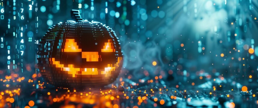 A glowing pixelated jack-o'-lantern set against a backdrop of digital code and neon lights. The orange glow contrasts with the blue and green tones of a cybernetic, virtual environment