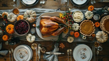 turkey on a plate on a table with food at a family dinner