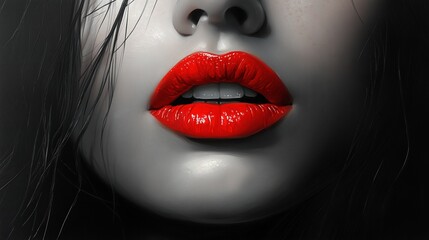 Obraz premium Glamorous black and white portrait of a beautiful woman with red lips on a black background.