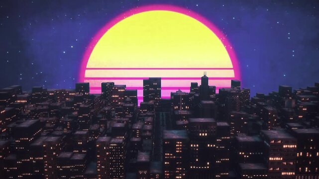 Animated night city landscape with cyberpunk or synthwave style. VJ synthwave looping 3D animation for music video