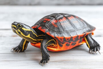 Fototapeta premium Close-Up of Eastern Painted Turtle on Wooden Surface Capturing Detailed Shell Patterns and Striking Colors