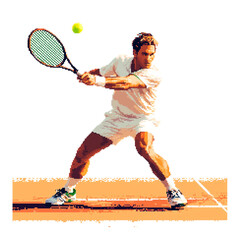 Tennis player in active pose, ready to hit, 8 bit illustration, old school, video game.