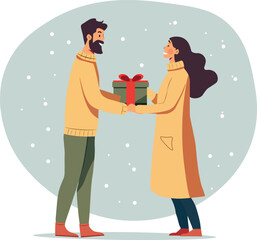 Christmas presents concept. Woman giving a present to a man. Vector illustration in flat style