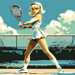 Young blonde woman posing with tennis racket in her hand, 8-bit illustration , old school, video game.