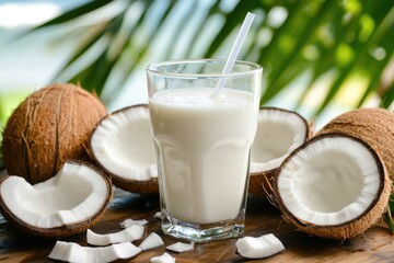 Fresh Coconut Milk in a Glass with Coconut Halves on a Tropical Background