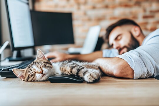 Man and Cat Napping Together on Office Desk in Front of Computers