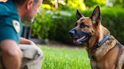 Animal control worker carefully approaching a lost dog, using a calm and reassuring demeanor.