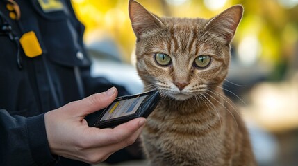 An animal control worker scanning a stray cat for a microchip, demonstrating the importance of pet identification.