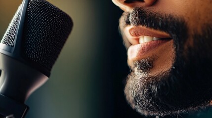A close-up of an announcer's face with an engaging expression, emphasizing the excitement of live events, with a soft light solid color backdrop