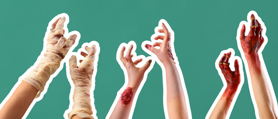 Zombie and mummy hands on green background. Halloween celebration