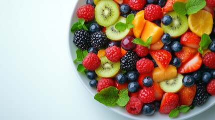 Obraz premium Fresh fruit salad with berries, kiwi, and mint on a white background