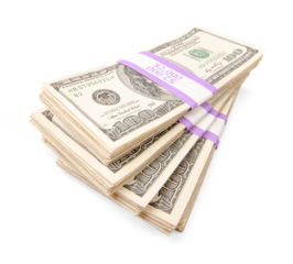 Ten Thousand Dollars in Stacks of One Hundred Dollar Bills Isolated. Transparent PNG.