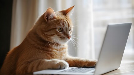 ノートパソコンで仕事をするネコ