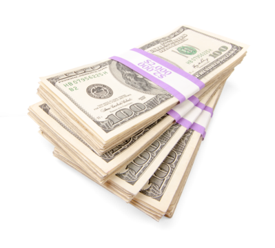 Ten Thousand Dollars in Stacks of One Hundred Dollar Bills Isolated. Transparent PNG.