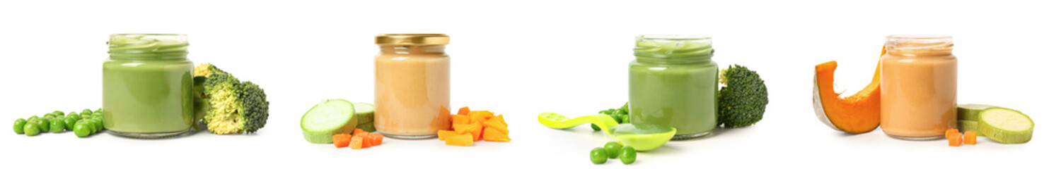 Set of jars with healthy baby food on white background