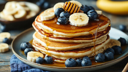Fluffy pancakes topped with sweet banana slices, juicy blueberries and golden honey. Enjoy this mouthwatering homemade treat for breakfast or brunch.