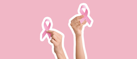 Female hands with pink ribbons on color background. Breast cancer awareness concept - Powered by Adobe