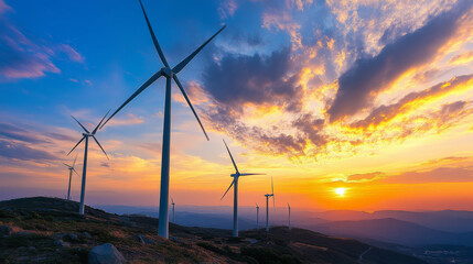 Obraz premium Giant windmills stand tall against a stunning sunset sky, their blades turning gently in the breeze.