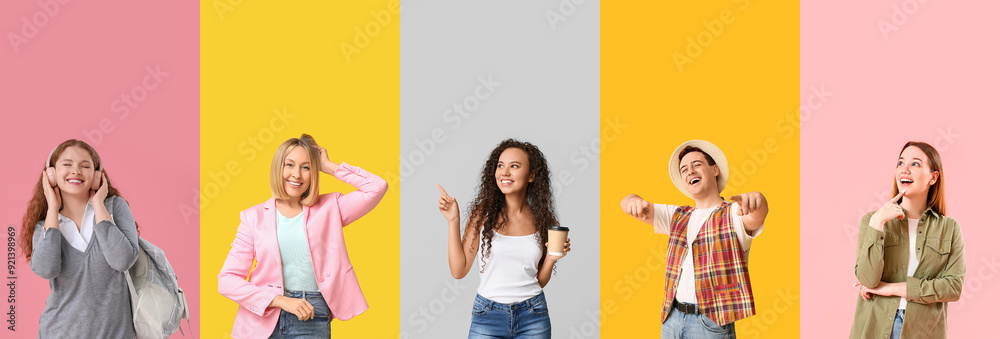 Sticker Set of positive young people on color background