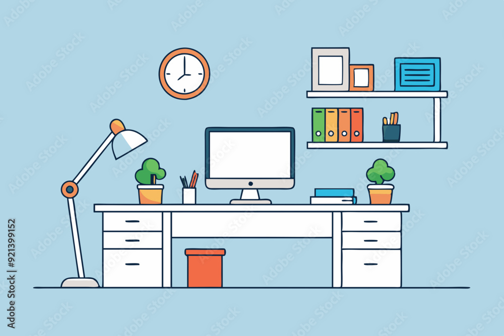 Wall mural set of computer icons, office objects and office desk vector illustration