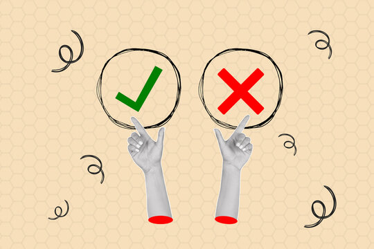 Collage de manos de mujer levantadas apuntando con el dedo a icono de verdadero y falso  sobre un fondo claro. Vista de frente y de cerca. Copy space