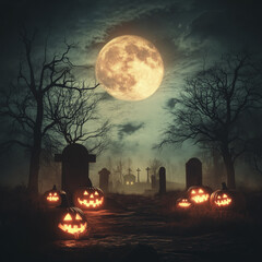 Fototapeta premium halloween graveyard with glowing pumpkins