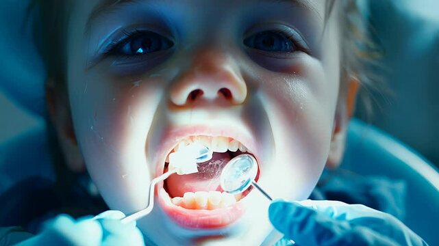 Young child sits in dental chair, looking apprehensive while dentist examines their teeth. Child&rsquo;s eyes are wide, reflecting mix of curiosity and fear, as dentist gently holds dental tools.