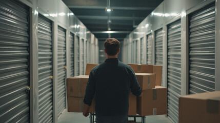 Man in storage facility, looking at closed units. Man with boxes in front of camera. Man in hallway of storage company. Businessman with trolley full of boxes.