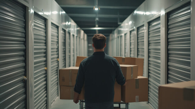 Man in storage facility, looking at closed units. Man with boxes in front of camera. Man in hallway of storage company. Businessman with trolley full of boxes.
