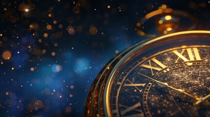A vintage clock glimmers with details, surrounded by a twinkling starry backdrop