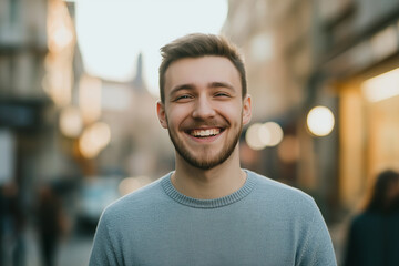 Fototapeta premium A young man smiling warmly at the camera while standing on a bustling city street, capturing the essence of urban life and joy.