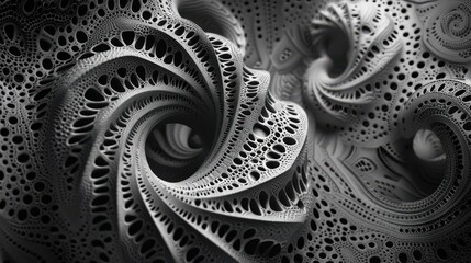 Abstract image depicting an intricate organic swirl with perforated textures in monochrome tones