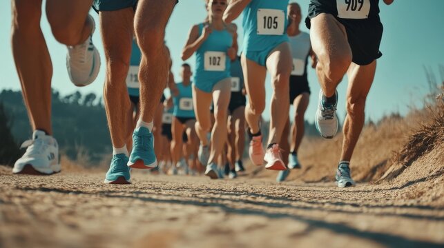 Runners with race numbers begin marathon. - Powered by Adobe