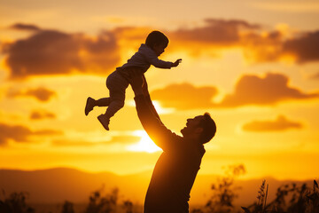 A father lifting his child in the air against a vibrant sunset, symbolizing joy, trust, and the beauty of parent-child relationships.