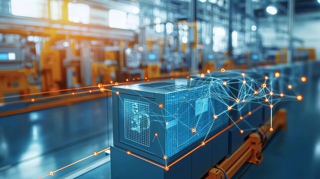 An AI-powered predictive maintenance system in a high-tech industrial setting, symbolizing efficiency and reliability through AI